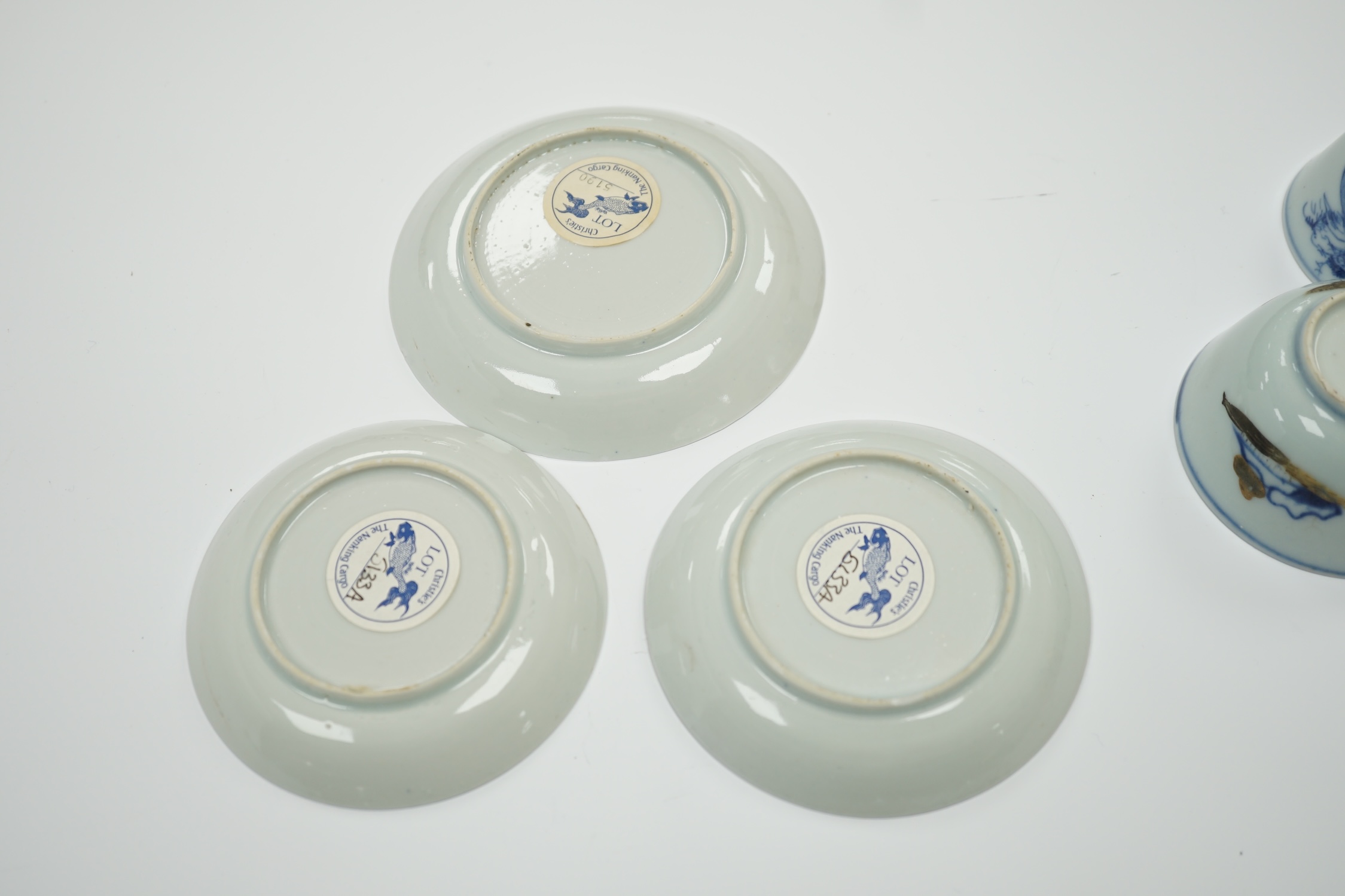 Three Chinese blue and white Nanking Cargo teabowls and saucers, largest 11.5cm diameter